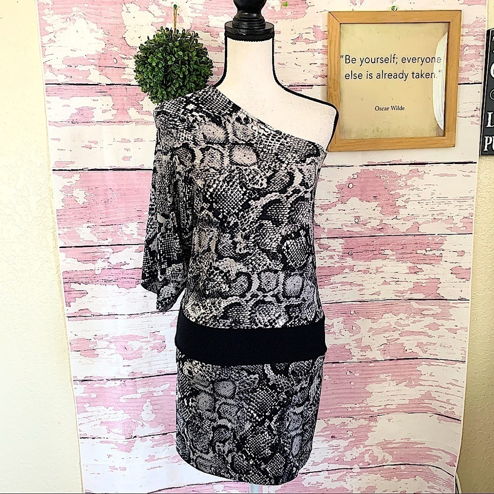 BCBGMAXAZRIA Snakeprint One Shoulder Dress XXS